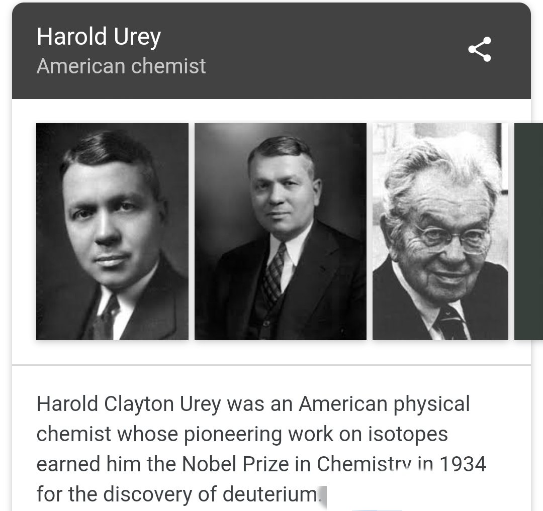 The Nobel Prize sur Twitter : "American scientist Harold Urey, born #OnThisDay in 1893, discovered heavy hydrogen in 1931 and named it deuterium from Greek deuteros which means "second", to denote the