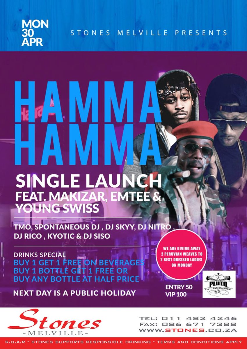 Can't wait to see <a href="/freeboy_makizar/">Shahlom</a> <a href="/EmteeSA/">Ms Tee ✨</a> @EmteeTheAlbum &amp; @YungSwissPgp Perform tomorrow night!! We also have <a href="/kyotic/">Arnold Kyotic Mdluli</a> @DjRicoSA <a href="/Spontaneous_Dj/">The Peoples Dj</a> @DjNitroSA <a href="/DjSiso_Ezase/">IG: djsiso_</a> on the case!! <a href="/StonesMelville/">#ShakedownThursday</a> will be too LIT!! AMAZING DRINK SPECIALS ON THE NIGHT!!