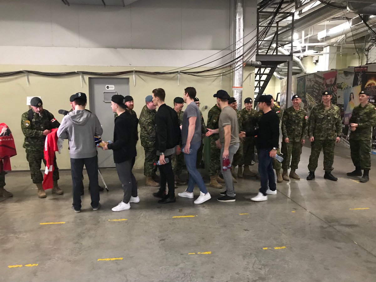 TSNRyanRishaug's tweet photo. Another group of Canada’s finest made it to practice today, the Canadian players more than happy to say hello and sign a few autographs.  2RCR EFP Battle group, stationed in Riga as part of NATO. https://t.co/38tdrJYVAA