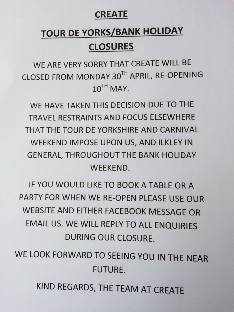 CreateCafeLtd's tweet image. Please be aware of the following holiday closure at Create. See you very soon!