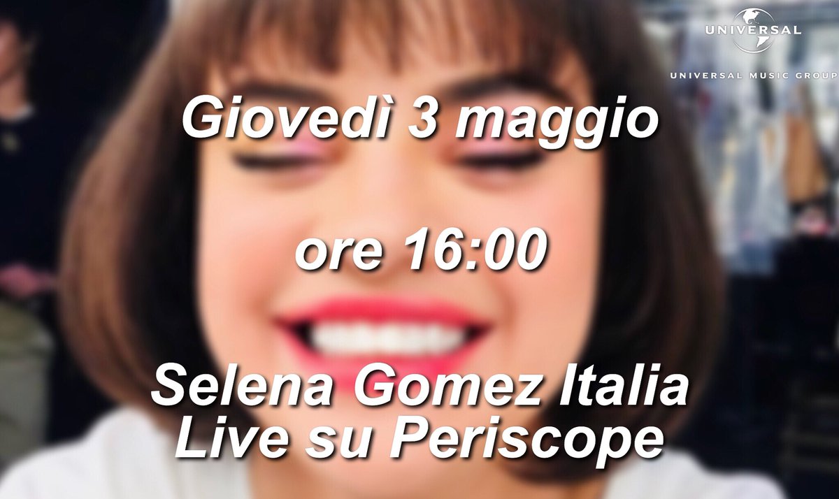 🚨 | Non prendete impegni per questo giovedì 3 maggio!
Un membro del team di Selena Gomez Italia terrà una live su Periscope per parlare con voi della nuova era e di come verrà organizzato il promo del lead di #SG2!
