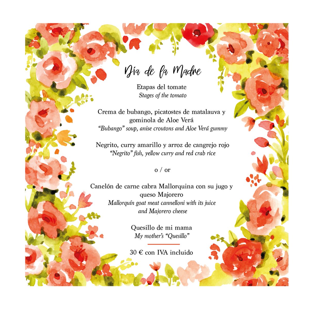 El Día de la Madre es un día muy especial, por eso hemos preparado este delicioso menú. ¡Os esperamos a todos con vuestras mamás! #DíadelaMadre2018 😄🔝😄