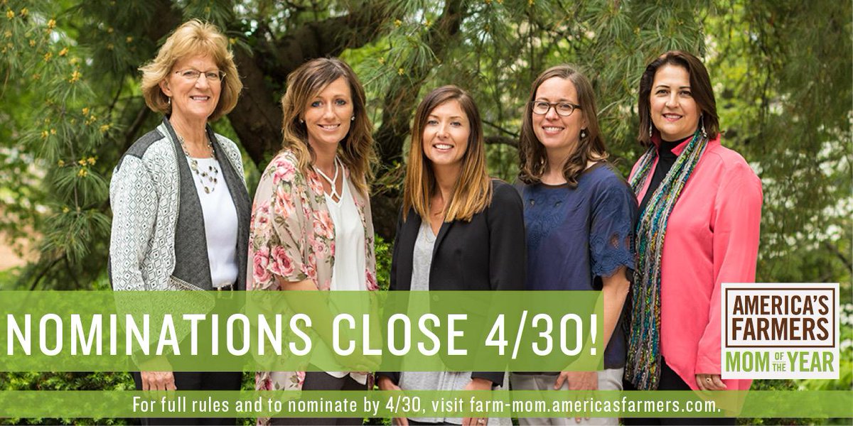 americasfarmers's tweet image. ONE MORE DAY remaining to nominate your favorite farm mom to give her the recognition she deserves! She could be one of our 2018 farm Moms of the Year to direct $1,000 to a local nonprofit charity. Visit farm-mom.americasfarmers.com!
