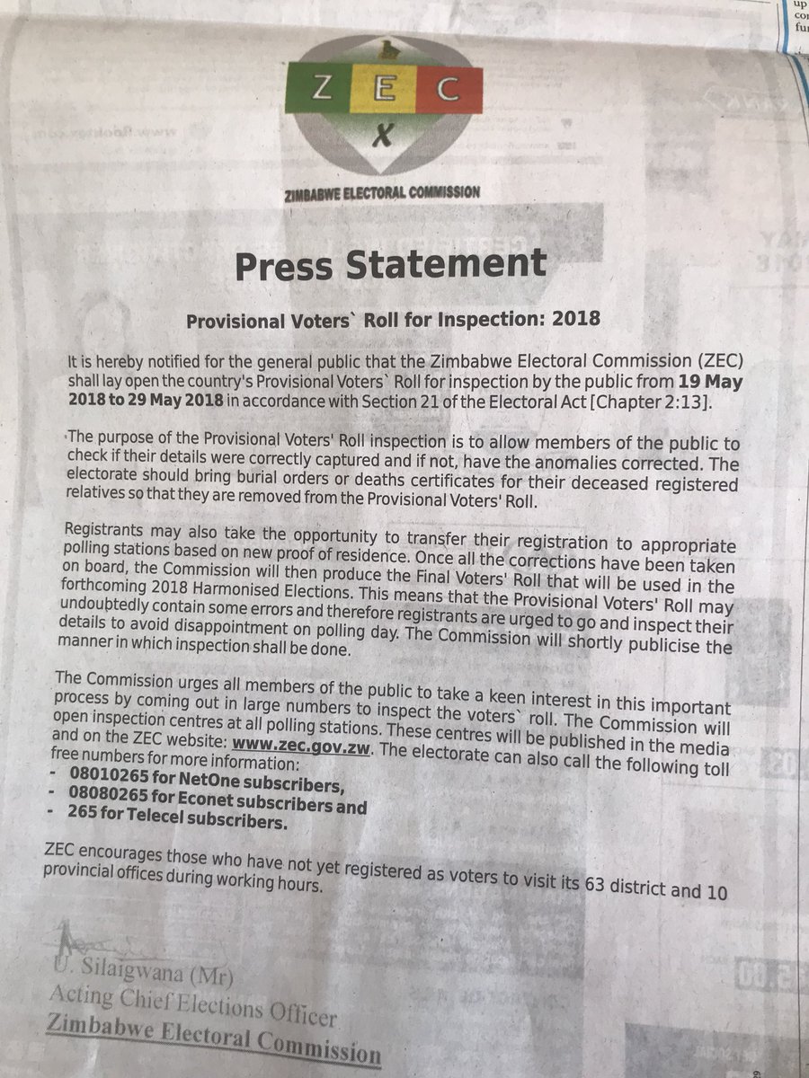 WCOZIMBABWE's tweet photo. Voters Roll for Inspection From 19 May 2018 to 29 May 2018 @WiPSUZim @ZESN1 @ZECzim @GMCZimbabwe @ZimWomenLawyers @wlsazim @ZWB78 @ZWRCNZimbabwe @WagZimbabwe @YoungWomenInst @Pachoto2014 @IssuesPaneNyaya @erczimbabwe @IFES1987 @sallyncube @SHDFZim https://t.co/bSIIpDgB7G