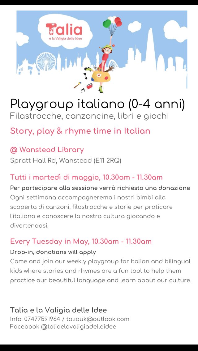 annalandi84's tweet photo. Talia's playgroup for Italian bilingual kids @RedbridgeLibs #Wanstead starts this Tuesday. https://t.co/25QfMAGRU7 @Wansteadium @wavidi @wansteadsearch @WeLoveWanstead pls RT! https://t.co/rbcuxAnZiG