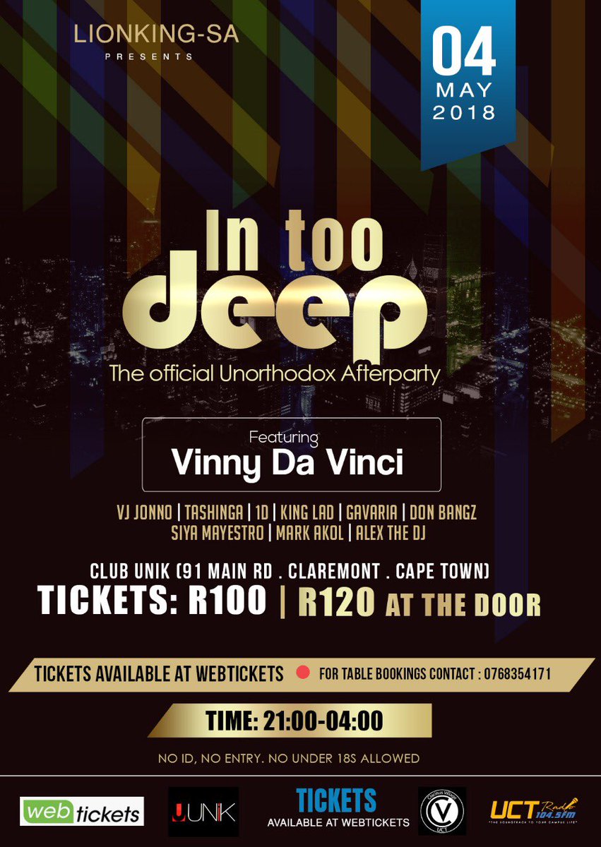 Lionking_SA's tweet photo. #InTooDeep w/@VinnyDaVinci
📆: 04 May 18
⌚️: 21:00 - 04:00
🏢: @Unikclub_cpt
🎟: @webticketsSA
Supported by: @VJJonno @TashingaMTK @Deejay1D @king_lad_2 @Don_Bangz @Mark_Akol @Siya_maestro https://t.co/G50XCRcJy9