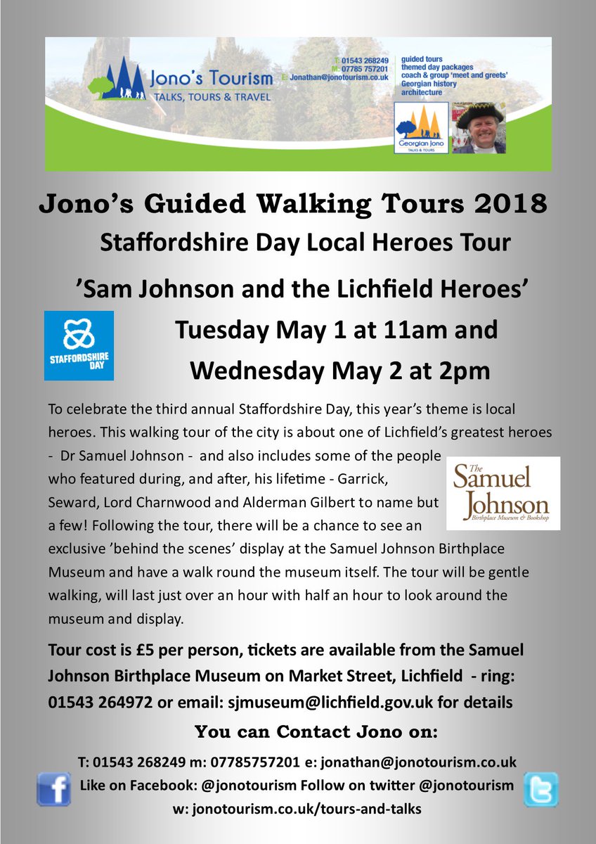 Find out about #Lichfield's own Dr Samuel Johnson and his friends on my 'Sam Johnson and the Lichfield Heroes' walking #tour for #StaffordshireDay Tues May 1 and Weds May 2 - tickets £5pp from <a href="/SamuelJohnsonBM/">Johnson Birthplace</a> ring 01543 264972 email: sjmuseum@lichfield.gov.uk #history #tours