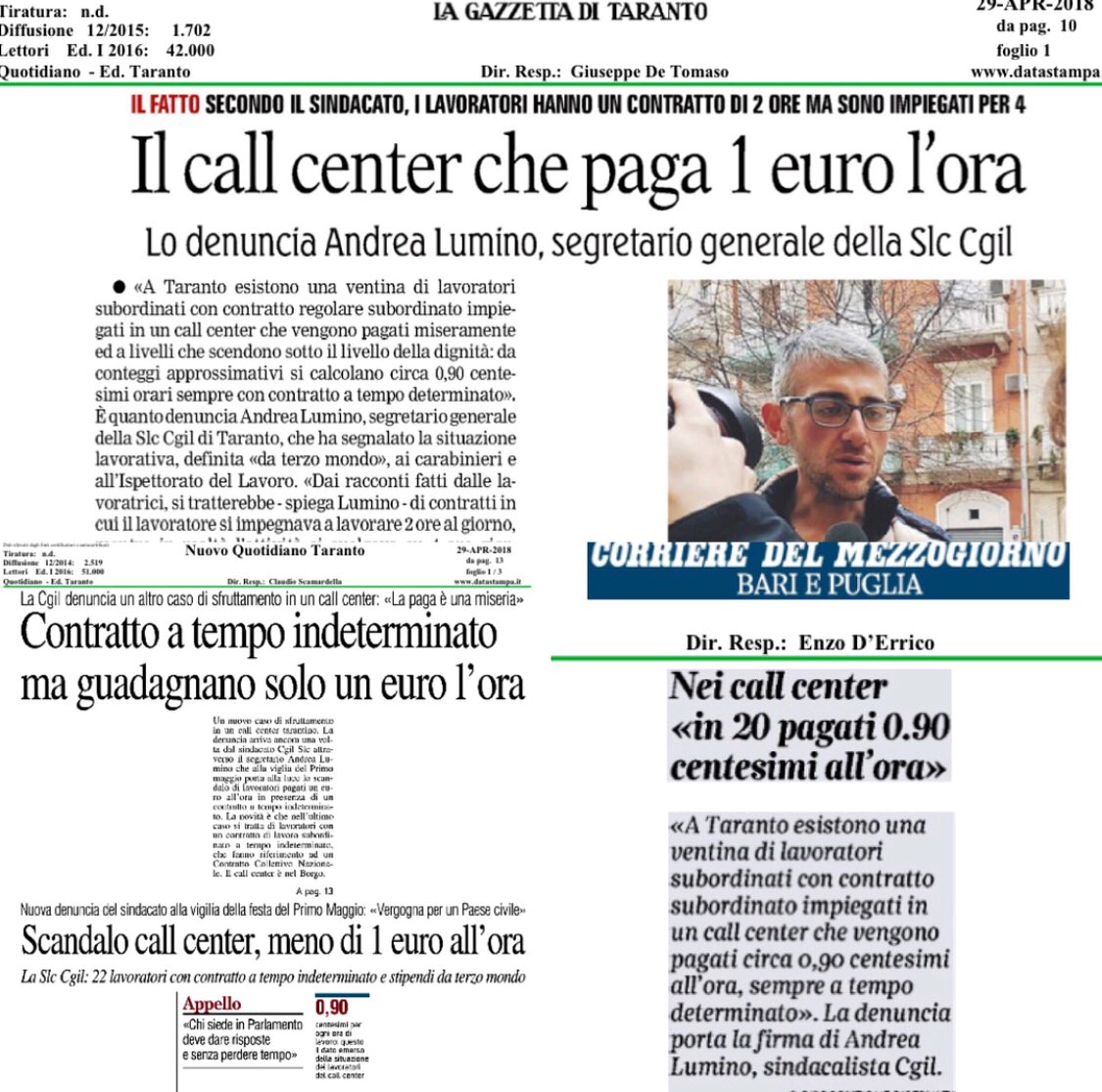 AndreaLumino's tweet photo. Rassegna stampa su ultima denuncia SLC CGIL TARANTO per sfruttamento call center @SlcCgil @SlcCgilPuglia @diceglieslccgil @cgiltaranto @paolofrpeluso https://t.co/IdguAODnYc