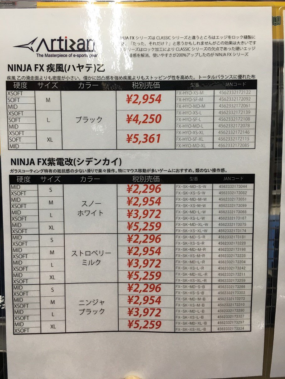 ツクモパソコン本店 בטוויטר 新商品入荷 Artisan Ninja Fxシリーズのsサイズとmサイズが入荷しました 零 飛燕 疾風乙 雷電 紫電改が入荷しています 疾風乙と雷電はmサイズのみになります 価格はそれぞれ価格表画像をご参照ください T Co