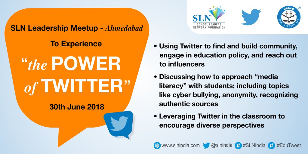 SLNIndia's tweet photo. We are pleased to announce that @slnindia &amp; @TwitterIndia are conducting the #SLNLeadershipMeetup on the Power of #Twitter in #Ahmedabad on 30 June; #Bengaluru on 14 July. Thank you @UdgamSchool &amp; @Vidyashilp_ for being the host. #EduTweet @misskaul. IMP to register on 9821949722 https://t.co/1e6Q7HGzDS