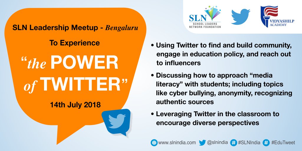 SLNIndia's tweet photo. We are pleased to announce that @slnindia &amp; @TwitterIndia are conducting the #SLNLeadershipMeetup on the Power of #Twitter in #Ahmedabad on 30 June; #Bengaluru on 14 July. Thank you @UdgamSchool &amp; @Vidyashilp_ for being the host. #EduTweet @misskaul. IMP to register on 9821949722 https://t.co/1e6Q7HGzDS