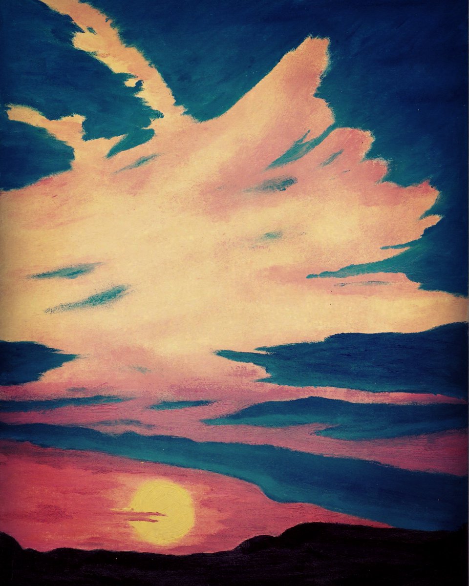 Zueism 昔の絵 日没 サンセット 絵 イラスト 空 青 太陽 油絵具 Painting Oilpaint Sunset