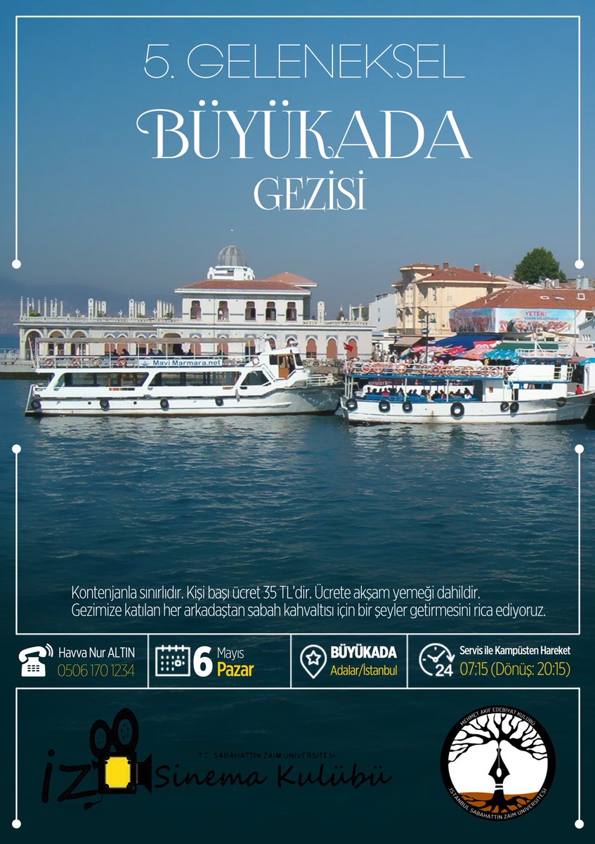 izuedebiyat's tweet photo. 6 Mayıs Pazar Günü Büyükada’ya Gidiyoruz! Adalarda güzel bir bahar günü bizleri bekliyor! Kontenjanla sınırlıdır. Kayıt için: 506 170 1234 https://t.co/DgDLIDNUji