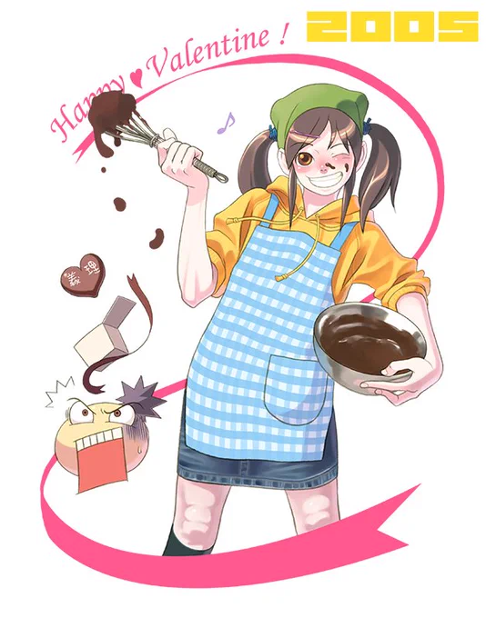 【看板娘「蒼囲空」5.月12日14周年カウントダウン企画】2005年 この年のバレンタインデーイラスト。まだ作者の自画像キャラが絡んでいた頃です。空の私服はデニスカばっかりですが単に作者の趣味です! #蒼囲空 
