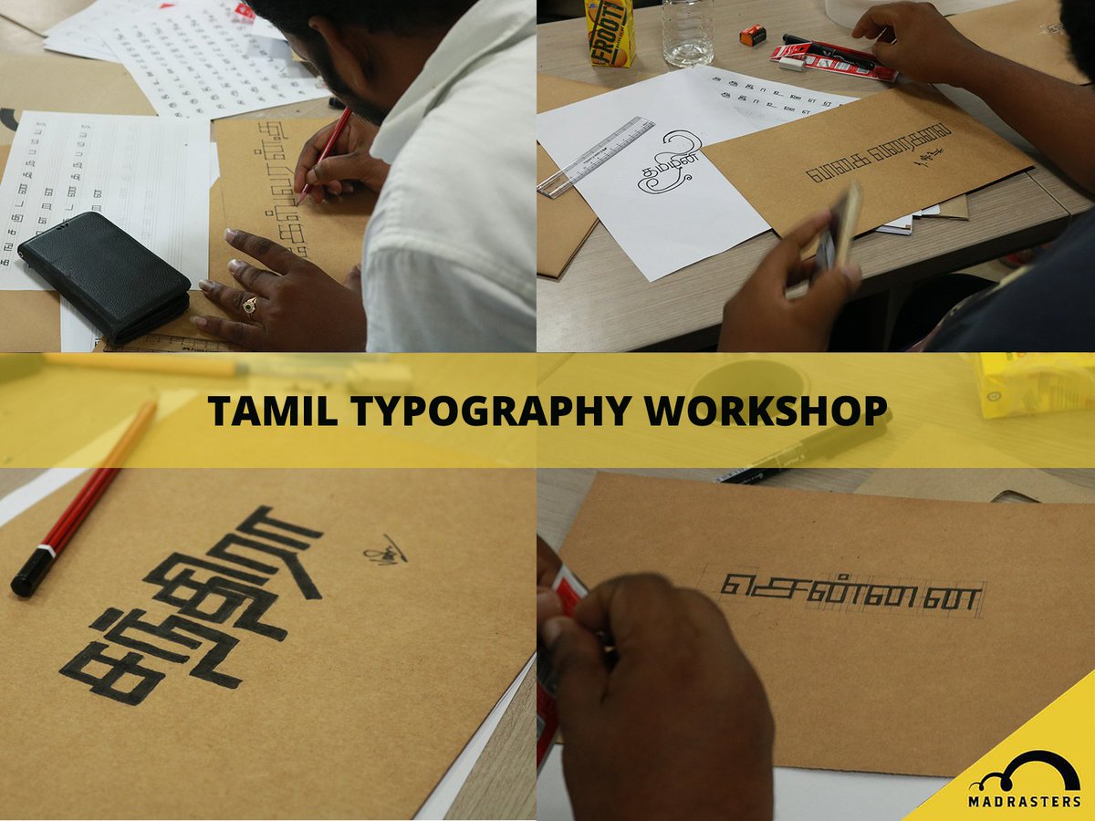 madrasters's tweet photo. The final output! Tamil Typography Workshop!
#madrastersworkshop #madrasters #tamil #tamiltypography #typographyworkshop #typography #chennai #designworkshop #designers #workshop https://t.co/SPEufa6AYN