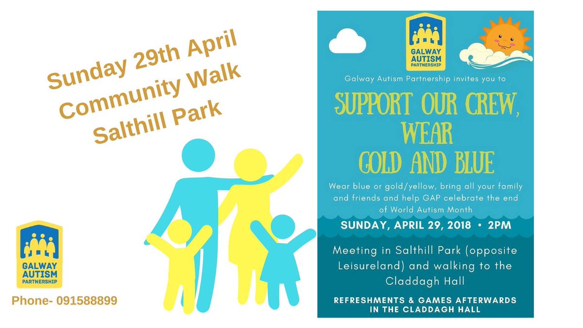 Galwayautismpar's tweet photo. #SupportOurCrew Big Day Today!Join us in Salthill park at 2, for our community walk wearing Gold/Yellow&/Blue spread awareness &understanding of #autism family party after- of you would like to donate our community non funded charity see link below https://t.co/QKreGPng5P https://t.co/lYnrZ0j3zX