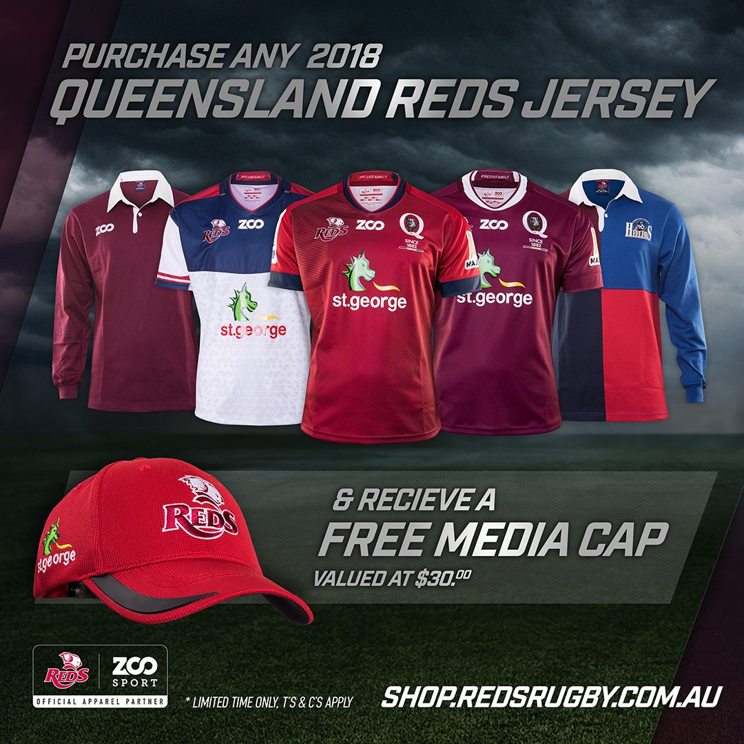 Purchase any 2018 St.George Queensland Reds Jersey and receive a FREE media cap with your order *Limited time only (excludes toddler jerseys) shop.redsrugby.com.au