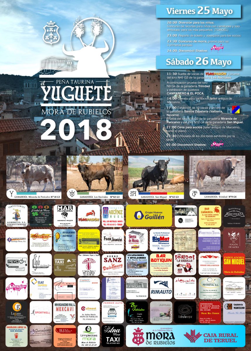 Benages87's tweet photo. Mora de Rubielos (TERUEL) 26 Mayo. El cartel del sexto año de la peña taurina "El Yuguete". Os esperamos. https://t.co/FAmzRZd5ES