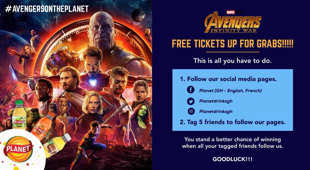 Immanuel_Yaw_'s tweet photo. #AvengersOnThePlanet 
Follow @planetdrinksgh

Top grooving movie right now!!!

Stand the chance of winning free tickets to watch Avengers Infinity War.

Tag 5 friends and invite them to like our social media pages. 

Let’s go!!!

#PlanetDrinksGhana 
#AvengersOnThePlanet https://t.co/MkgAqCrL1n