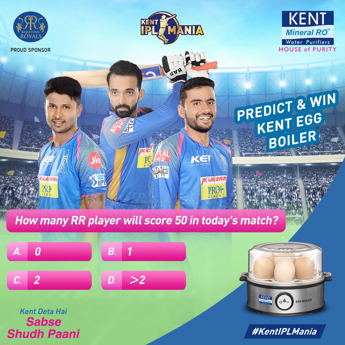 Predict the answer and win KENT Egg Boiler. Do use #KentIPLMania in your answer. Like... Comment... Retweet...
<a href="/rajasthanroyals/">Rajasthan Royals</a> #HallaBol