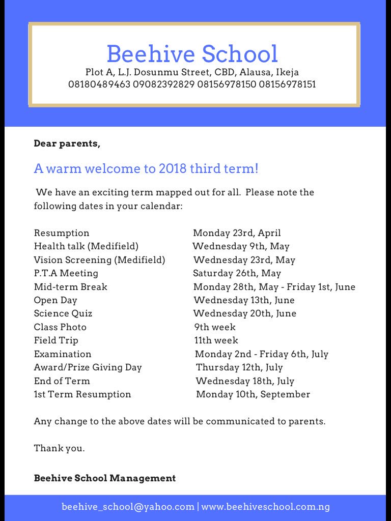 Third Term Calendar.