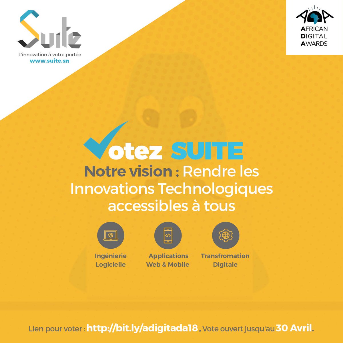 Lien pour voter bit.ly/adigitada18

Merci de soutenir SUITE - <a href="/suite_sn/">SUITE</a> 

#kebetu #kibaro | #startup | #AfricanDigitalAwards | #Entrepreneuriat | #Numerique