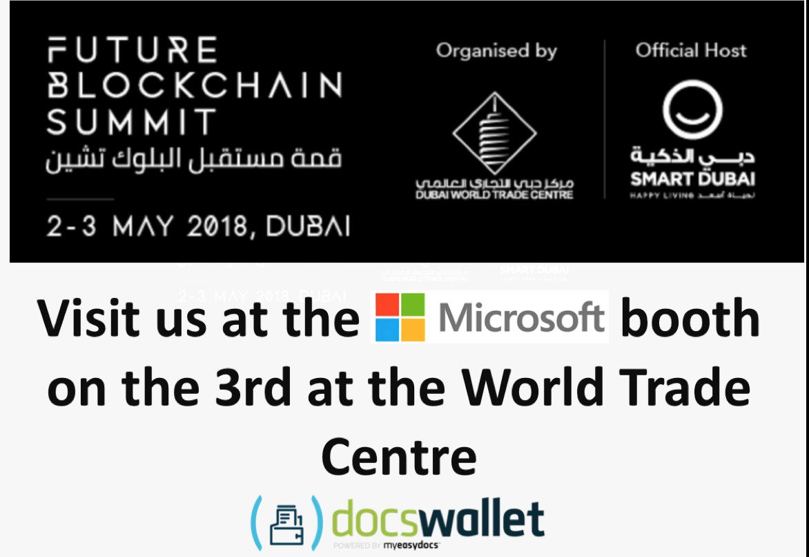 tomtharakan's tweet photo. Do vist us at the Microsoft Booth for the #futureblockchainsummit #Docswallet #paperlesseconomy #directverify #blockchain https://t.co/5ZgPUGHiN9