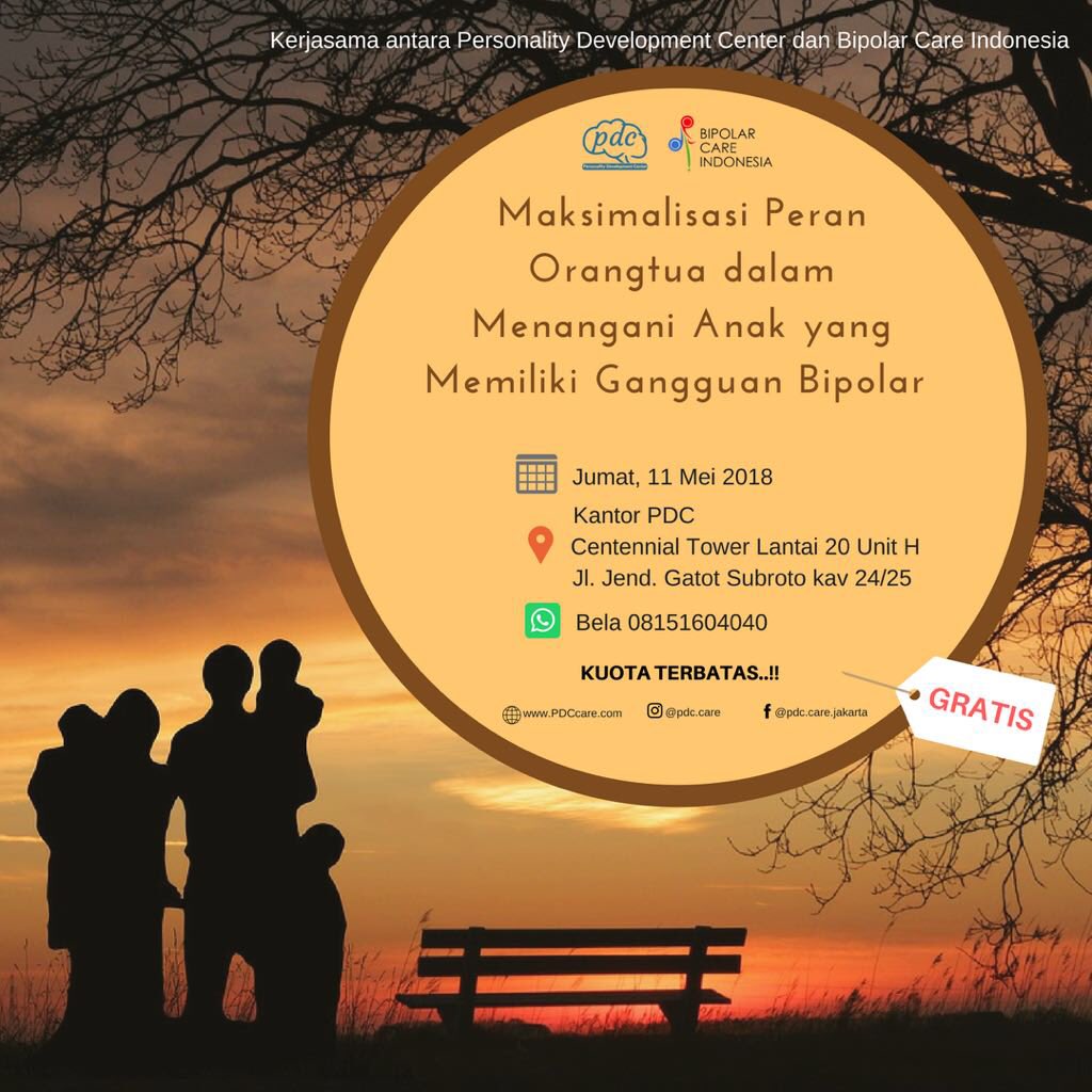 BipolarCareInd's tweet photo. Psikoedukasi Memaksimalkan Peran Orangtua dalam Menangani Anak yang Memiliki Gangguan Bipolar
Jumat, 11 May 2018
Jam 13.30 - 16.00pm WIB
Lokasi: Kantor Personality Development Center
Centennial Tower lt. 20 Unit H
JL.Jendral Gatot Subroto 24/25
Kuota Terbatas
GRATIS #bipolar https://t.co/kUGpRueicS