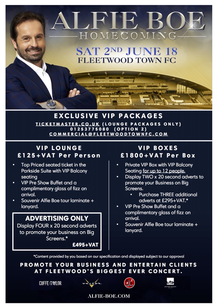 Fleetwood Town FC Commercial (@ftfccommercial) on Twitter photo 🏟| ALFIE BOE VIP remaining VIP hospitality packages available £150pp for the ‘Homecoming’ Concert <a href="/ftfc/">Fleetwood Town FC</a> on Sat 2nd June at Highbury Stadium #alfieboe #homecoming 🎵 🏟| ALFIE BOE VIP remaining VIP hospitality packages available £150pp for the ‘Homecoming’ Concert <a href="/ftfc/">Fleetwood Town FC</a> on Sat 2nd June at Highbury Stadium #alfieboe #homecoming 🎵