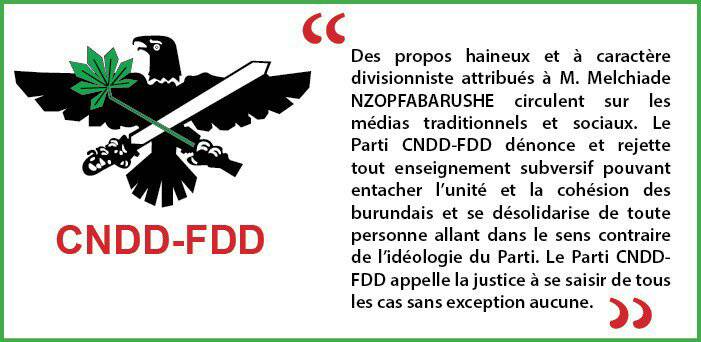 Le <a href="/CnddFdd/">CNDD-FDD</a> panique sur les propos incendiaires de l'un de ses cadres #Melchiade_Nzopfabarushe,Appelant à des violences contre les rivaux qui agiront contre les vœux de <a href="/pnkurunziza/">Pierre Nkurunziza</a> ,ce parti demande la justice à se saisir de tous les cas sans exception aucune!@antonioguterres