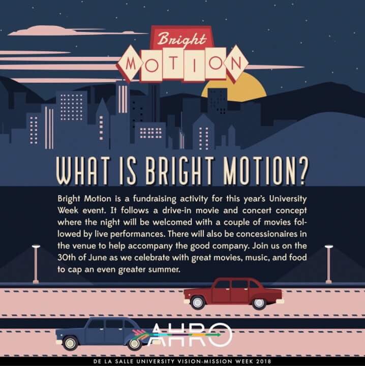DLSUUnivWeek's tweet photo. Pumped up for University Week?! We are too!!!! 😍

Check out one of Univ Week's event called Bright Motion!!! 💫

Witness this one-of-a-kind experience on June 30, 2018!!!

Here's what you need to know about this awesome event! Come on in and invite your friends!!!! 🚙🚗🚕 https://t.co/rdV0xcFwi0