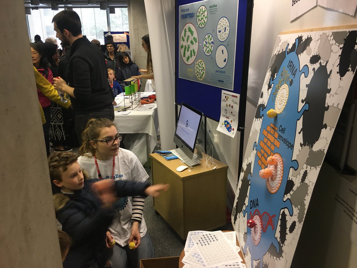cmbi_cpa's tweet photo. It’s all going off at the persisters stall, toxins are flying everywhere! Visitors are learning all about how bacteria can evade antibiotics by switching themselves off #SuperBugZone #impfest https://t.co/4m9tLQeqLB
