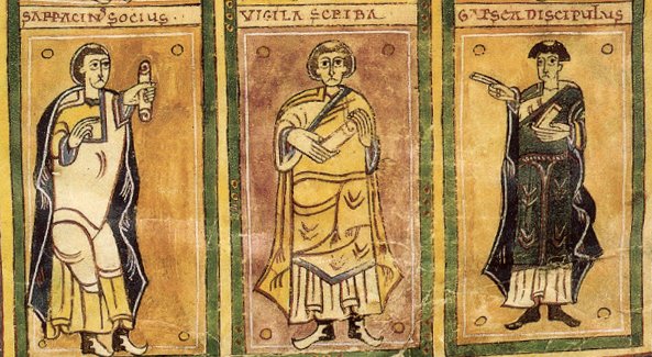 ParvaVox's tweet photo. Scribes don't often feature in early #medieval manuscripts. An exception is the illuminated Codex Vigilanus (copied in late 9th-10thC Hispania): it not only gives a prominent place to the scribe responsible for its copy (Vigila), but also to his collaborators Sarracinus &amp; Garsea https://t.co/bKcZfngLs5