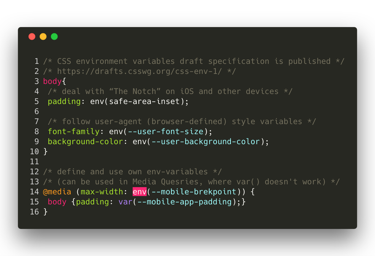 shospodarets's tweet image. CSS environment variables are getting standardized:
drafts.csswg.org/css-env-1/
Allow to get and use the browser- and author-defined variables: typography, colors, notch and other specific layout/device values.
They work in Media Queries, where CSS Custom Properties cannot be used.