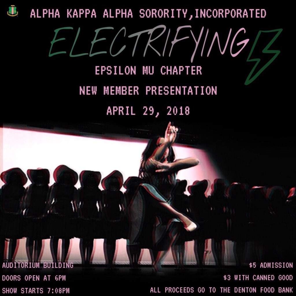 UNT_AKAs's tweet photo. TONIGHT IT’S TIME WE ELECTRIFY THE YARD⚡️

$5 at the door
$3 with a canned good
Auditorium
7:08pm
💕💚 https://t.co/c91hhPJs4x