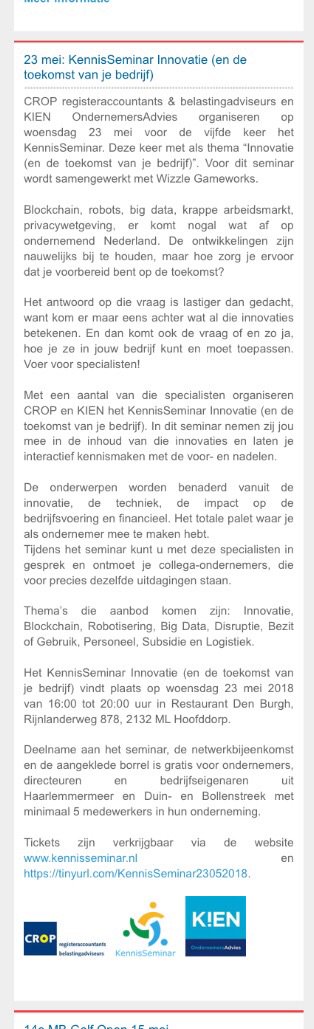 Ook in de nieuwsbrief van MeerBusiness aandacht voor het KennisSeminar Innovatie op 23 mei as. Kijk op kennisseminar.nl voor meer info en wijze van aanmelden
