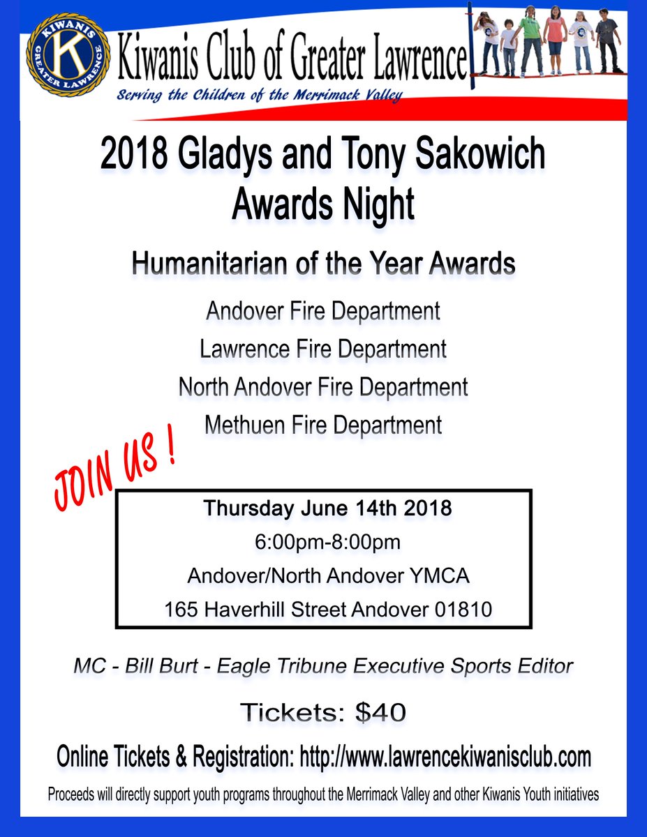 KiwanisClubofGL's tweet photo. Join us as we honor our four area fire departments at our 2018 Gladys and Tony Sakowich Awards Night. It will be held Thursday June 14th from 6-8PM at the Andover/North Andover YMCA. For Tickets and Sponsorships visit https://t.co/Laqj95G89g https://t.co/CTGvKY9I6w
