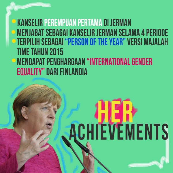 Angela Merkel lahir di Hamburg 17 Juli 1954. Tahun 2000, sebagai pemimpin partai politik Christian Democratic Union (CDU). Mengikuti pemilihan nasional dan terpilih menjadi Kanselir perempuan pertama di Jerman dengan empat kali masa jabatan di tahun 2005, 2009, 2013, dan 2017.