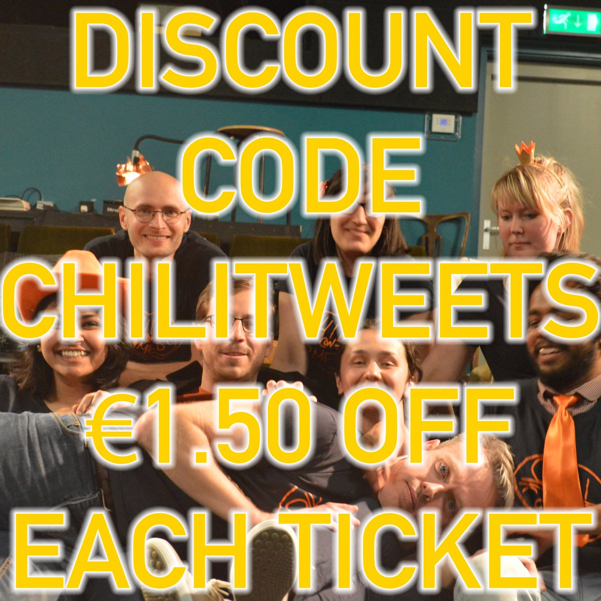 ChiliComedy's tweet photo. Twitterers! Get your tickets for our next show on Friday May 25th at a discounted rate, just for you! Simply use discount code CHILITWEETS to get €1.50 off each ticket! https://t.co/mPp3qnjy3n #Kortingscode #Discount #Coupon #Voucher #Code #Kortings #Promo #CHILITWEETS https://t.co/amCaIaqRdS