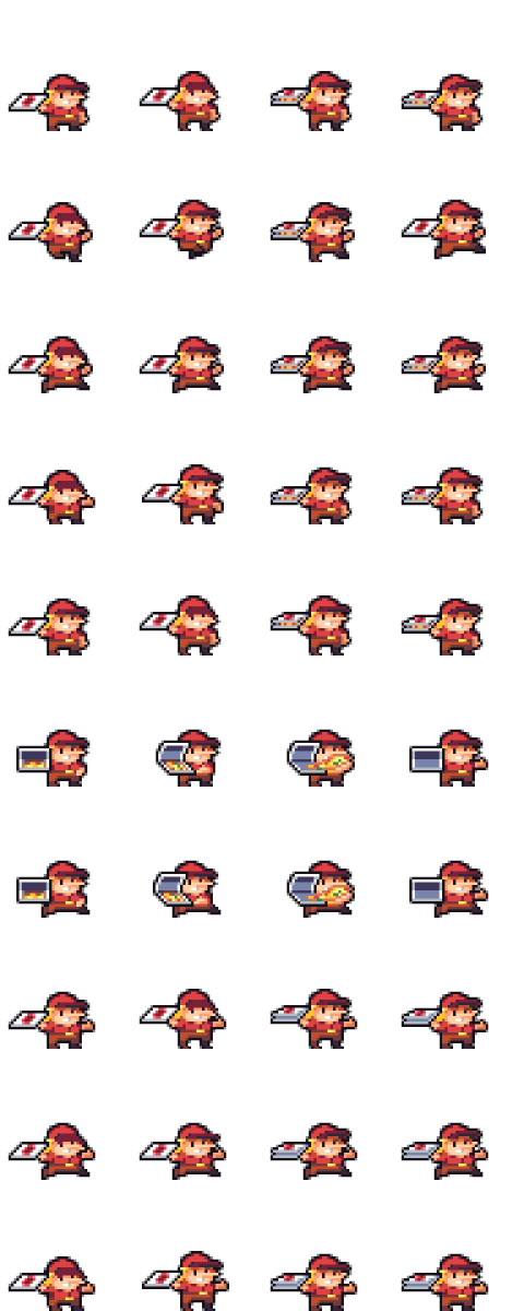 LevelEditorGuy's tweet photo. Shaking off the pixeling rust. I've been creating art and animations for a remake of my friends' 2017 game-jam game. Partially inspired by @darftey and using the #Mail24 palette by @Hyohnoo. #wip #pixelart #gamedev https://t.co/Rr1rsO5aS2