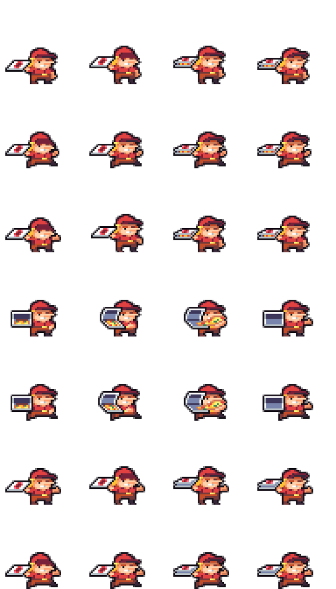LevelEditorGuy's tweet photo. Shaking off the pixeling rust. I've been creating art and animations for a remake of my friends' 2017 game-jam game. Partially inspired by @darftey and using the #Mail24 palette by @Hyohnoo. #wip #pixelart #gamedev https://t.co/Rr1rsO5aS2