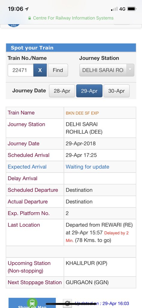 mayankgoyal's tweet photo. Training taking a detour, running late by 2 hours and all systems are green! @RailMinIndia https://t.co/p25JjHRsxe