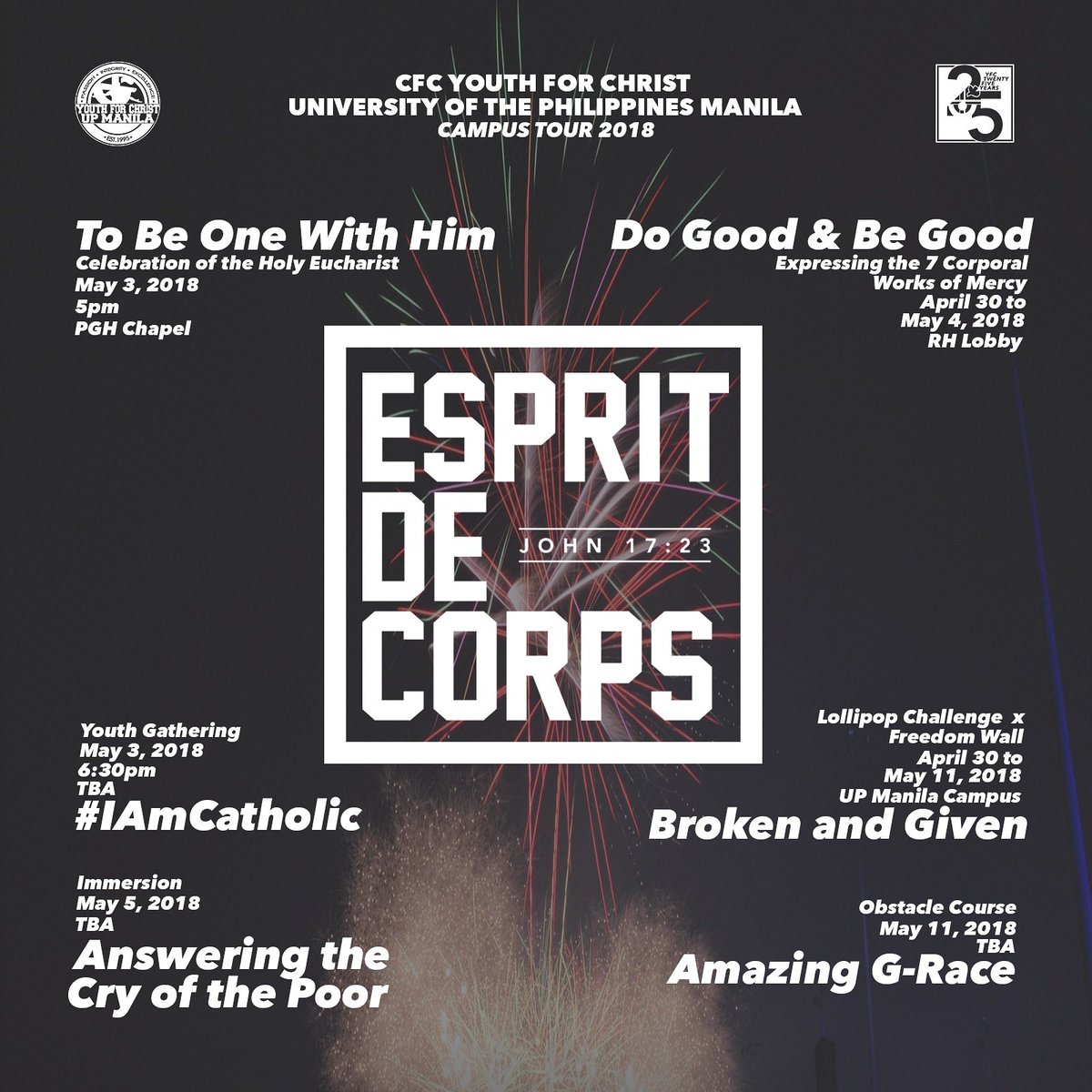 yfcupmanila's tweet photo. UP MANILA!
Get ready as we bring you two weeks filled with Fun, Faith, Freedom and Friendship.
#Passion
#Integrity
#Excellence
This is Esprit de Corps
CFC Youth For Christ - UP Manila's Campus Tour 2018
#YFCCampusTour2018
#EspritdeCorps
#OneTeamOneGod https://t.co/mb2PCKSj79