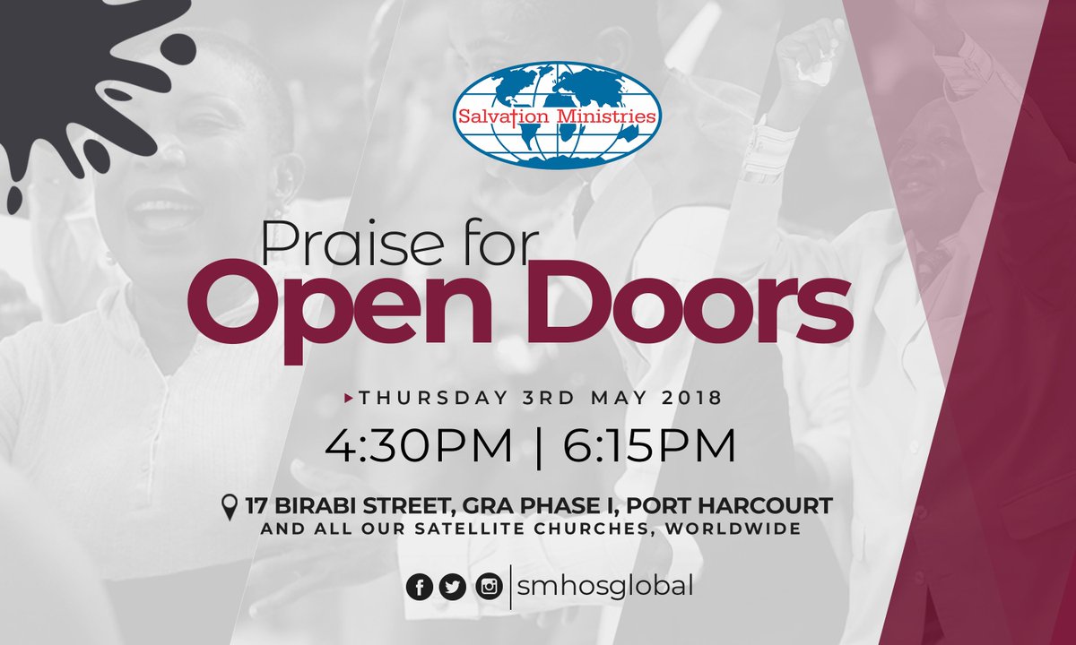 smhosglobal's tweet photo. INFORMATION:
Attend our awesome mid-week services this Thursday 3rd May, 2018 at 4:30pm and 6:15pm respectively. Invite someone to come with you. Come expectant!
#SMHOSLiveService https://t.co/Q4JBrQnUZ3