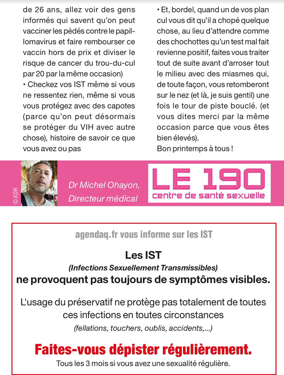 Le190_Paris's tweet photo. Retrouvez la nouvelle chronique santé sexuelle du Dr Michel Ohayon dans le numéro de mai de @AgendaQ disponible dans vos bars/saunas/sex clubs préférés où en téléchargement gratuit sur https://t.co/GioRuGirKZ (site interdit au moins de 18 ans). #Le190 https://t.co/l6Z5jnJmo9