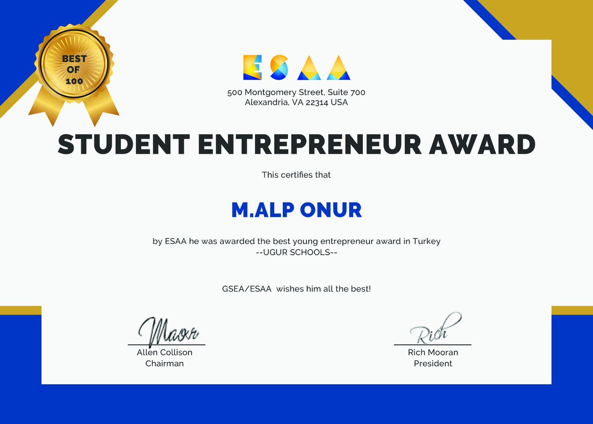 Güzel haber! Lookater ve @KartalKampus 'den Alp Onur,  TEDx konuşmasından sonra GSEA-ESAA tarafından dünya ilk 100 genç girişimci listesine girdi ve Türkiye'deki en genç girişimci ödülüne layık görüldü!
