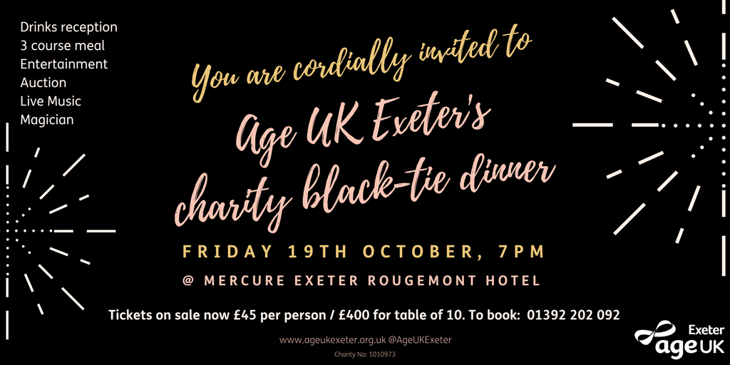 AgeUKexeter's tweet image. Dance the night away on Friday 19th October at Age UK Exeter's charity black-tie dinner at @RougemontHotel.
Tickets are on sale now at £45 per person / £400 for table of 10.
To book please call us on: 01392 202 092
#exeter #exploringexeter #event #devon #exeterlife #exeterliving