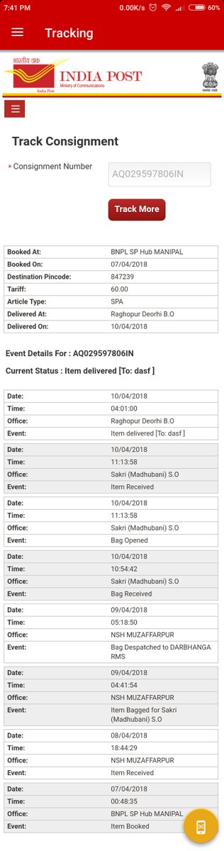Devarajpdevu's tweet photo. @mukeshkshyap @rsprasad @narendramodi @IndiaPostOffice Dear mukesh ur spa no AQ029597806IN is already delivered on ur concerned address,also it is so easy to find by our #postinfo app or our website https://t.co/aAtgNGbCtF https://t.co/Xf0tm8h13E