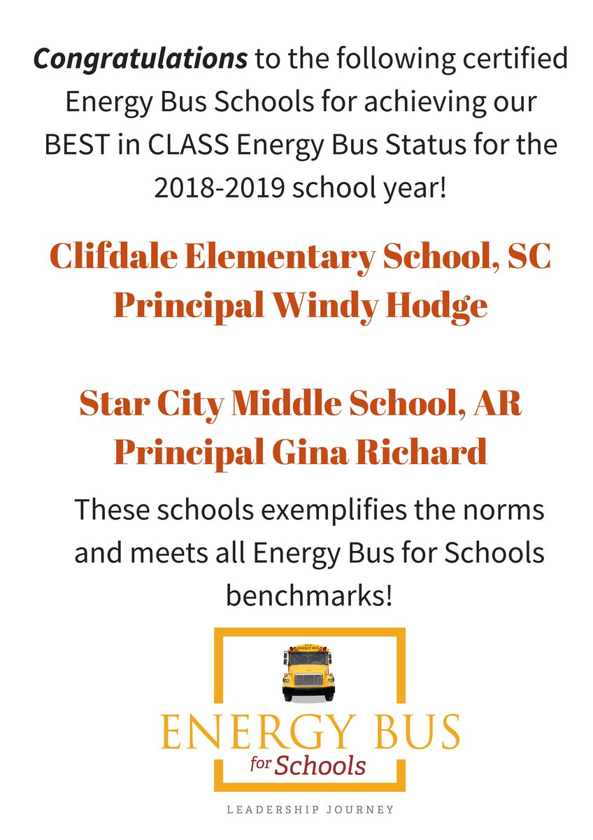 EnergyBusSchool's tweet photo. Congratulations to our 2018-2019 BEST in CLASS Certified Energy Bus Schools! @GinaRich_1111 @laffoon_jon @Windy_Hodge @clifdaleelem @scmiddleschool @JonGordon11 @NikiSpears4 https://t.co/tT83x2NSEq
