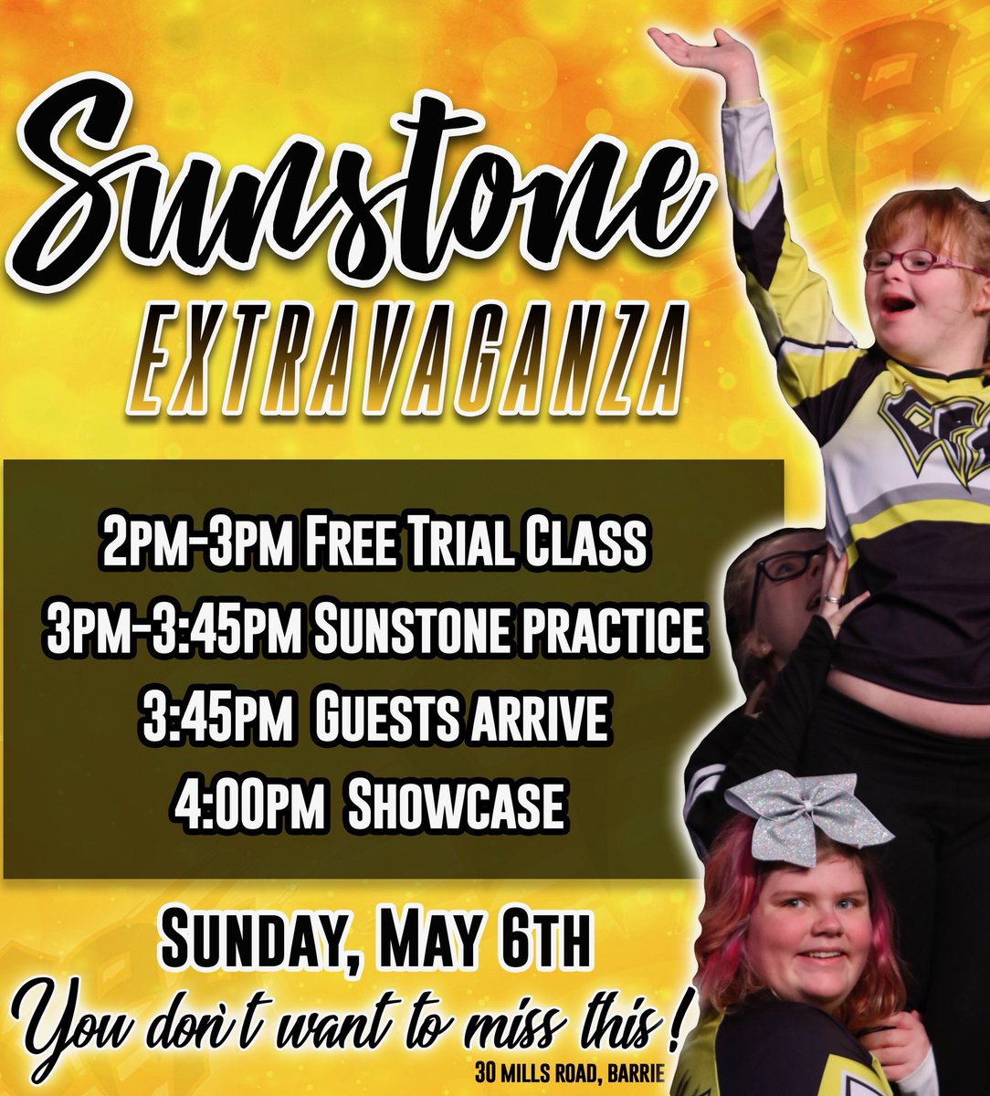 Next Sunday May 6th. 
Sunstone FREE try it class. 
If you know anyone ages 4+ who would love to be part of our Special Abilities team, bring them out. We’d LOVE to meet them 💕